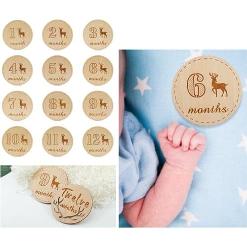 Baby Milestone Card Wooden Commemorate Infant Birth Monthly Recording Discs Gift P31B