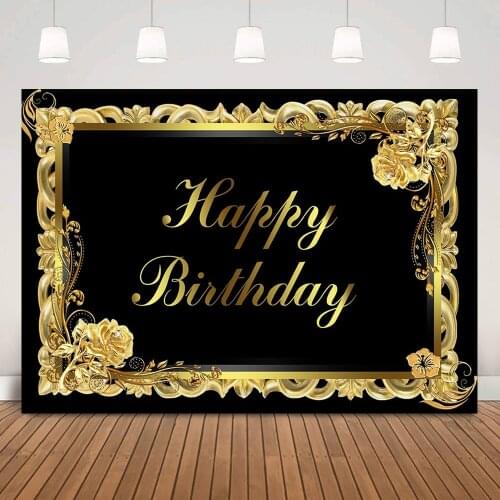 Golden Flowers Themed Children Happy Birthday Backdrop Black Adult Birthday Party Banner Background Decoration Photo Shoot