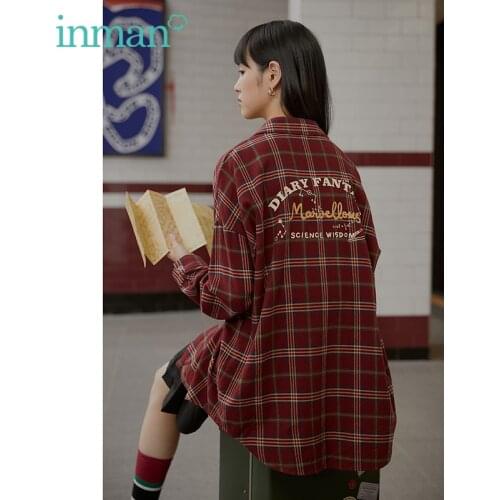INMAN Autumn Shirt for Women Classic Vintage Plaid Pointed Collar Retro Printing on the Back Loose Casual Oversized Blouse