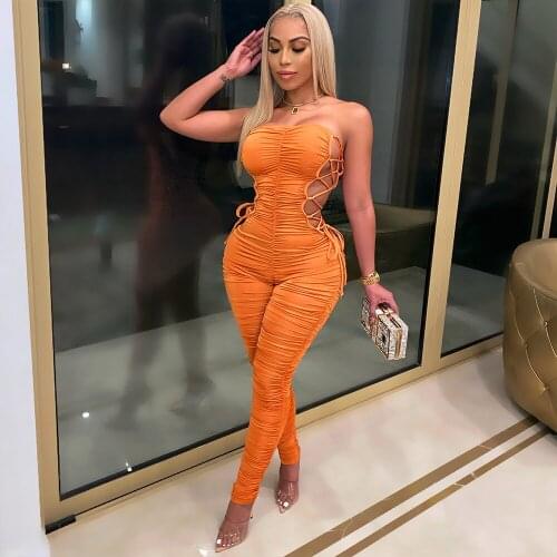 Side Crisscross Drawstring Lace Up Sleeveless Strapless Sexy Party Long Ruched Jumpsuit Playsuit Womens One Piece Pleat Rompers