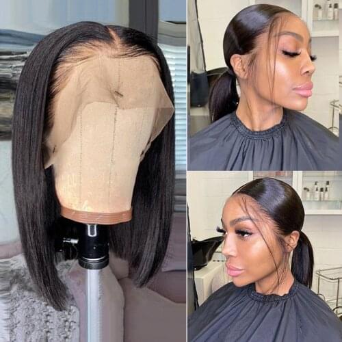 Short Bob Lace Front Human Hair Wigs Straight T Part Lace Wig Brazilian Remy Pre Plucked 13x1 Lace Front Wig Natural Color 180