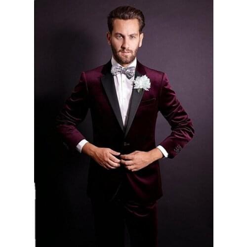 Handsome Groomsmen Velvet Groom Tuxedos Mens Wedding Dress Man Jacket Blazer Prom Dinner (Jacket+Pants+Tie) A05