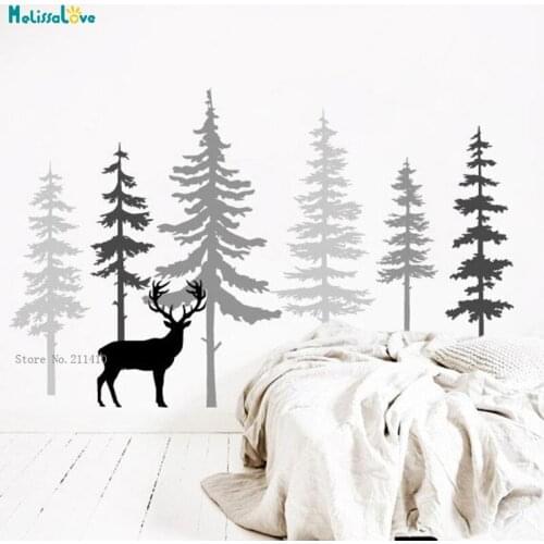 Forest Wall Sticker Custom 4 Colors Home Decor 6 Pine Trees Large Size Kids Baby Room Removable Deer Murals Vinyl YT4814
