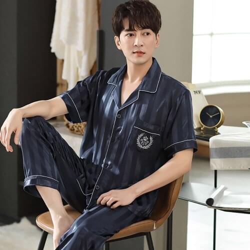 Summer Satin Silk Pajama Sets High Quality Skin-friendly Men Pajama Fashion Striped Pajamas With Embroidery Pocket Pyjama Sets