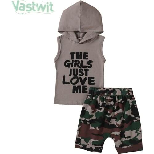 Summer Kids Boys Casual Sports Sleeveless Hoodie T-shirt Top+Camo Short Pants 2Pcs Outfit Set Sportswear Suit Baby Clothing 1-3Y
