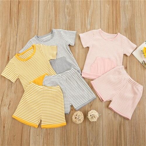Summer Cotton Casual Children Clothing Set Short Sleeve Striped T-shirt Shorts 2Pcs Outfits Ribbed Toddler Baby Girls Boys Suit