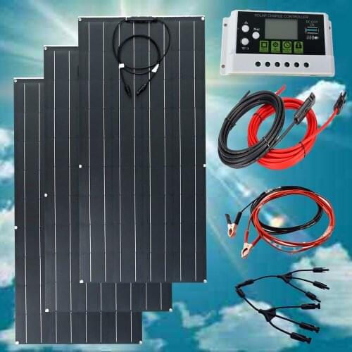 Semi flexible solar panel 3pcs 100w,300W solar system 20A LCD Charge Controller 3M Battery Cable,3M Y Type Connector for home