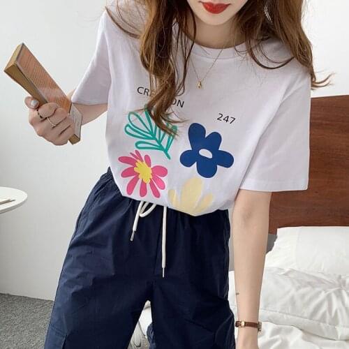Casual Cartoon Flower Print Tshirt Womens T-shirts Tops Japanese Kawaii Ladies Ulzzang Female Korean Harajuku Clothes For Women