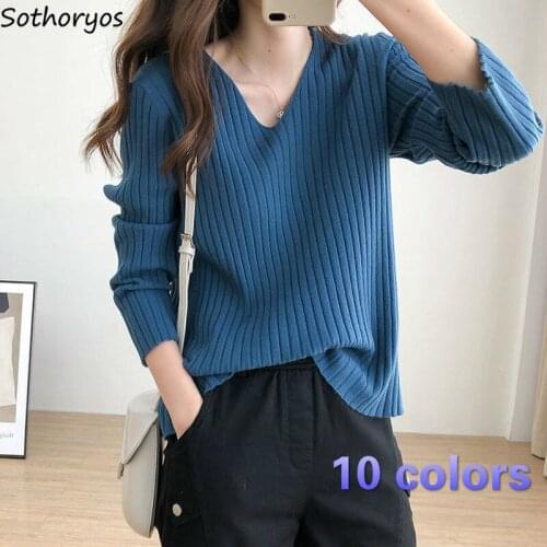 Sweaters Women Loose Large-size 3XL V-neck Slim-fit Pullover Sweater Simple All-match Classic Jumper Knitted Casual Trendy Daily