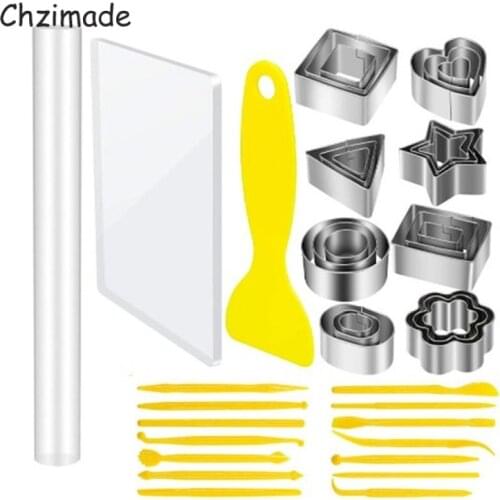 Chzimade 41Pcs Stainless Steel Polymer Clay Cutter Molds Tools Set Sculpting Modeling Acrylic Ceramic Pottery Clay Rolling Pins