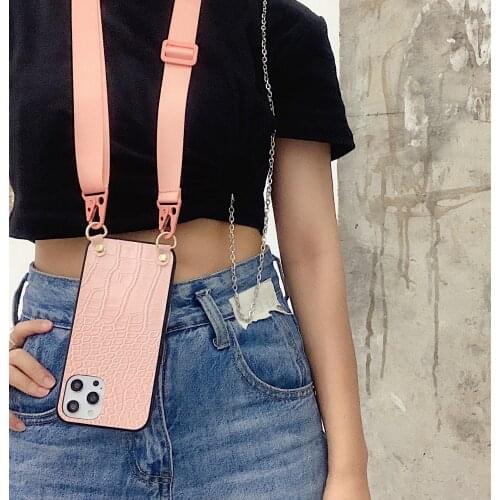 Luxury Crossbody Shoulder Strap Crocodile Pattern Leather Phone Case For iPhone 12 11 Pro Mini XS MAX XR 7 8 Plus Back Cover