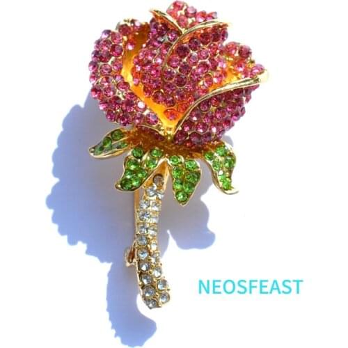 Pink Color Elegant Rhinestone Rose Brooches for Women Crystal Flower Pin Lady Dress Garments Wedding Accessories Fashion Jewelry