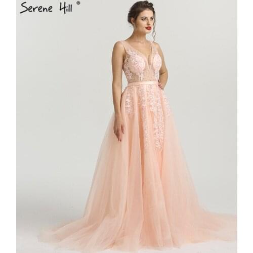 Pink Perspective Deep-V Backless Evening Dresses Appliques Pearl Sleeveless Photography Evening Gowns 2020 Serene Hill HA2160