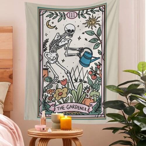 The Gardener Tarot Tapestry Skull Tarot Tapestry Gardening Gift Plant Lovers Gift Green Witch Skeleton Art Boho Wall Decor