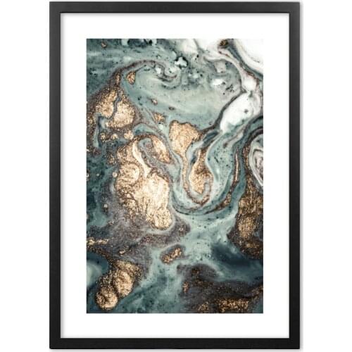 Nordic Morden Abstract Cyan-gray Wall Art Paper Painting Golden Cyan Art Poster Print Wall Picture for Living Room Decor