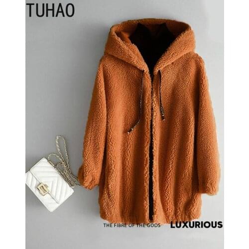 TUHAO Fall Winter Hoodies Casual Faux Fur Coat Hooded Zipper ImiTtion Lamb Fur Long Sleeve Womans Outerwear Teddy Jacket