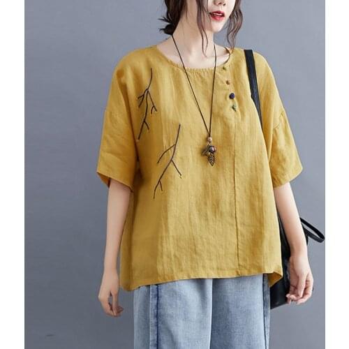 Oversized Women Cotton Linen Casual T-shirts New 2021 Summer Simple Style Vintage Embroidery Loose Female Tops Tees S2958