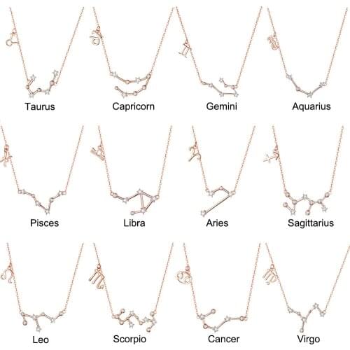 BISAER Hot Sale 925 Sterling Silver Twelve Constellation Necklaces Star Sign Pendants Necklaces for Women Silver Jewelry Collar