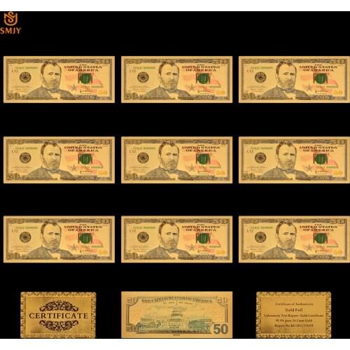 10PCS/Lot Color New Version USA 50 Dollar Money Gold Banknote Gold Plated Fake Bill Currency Collections