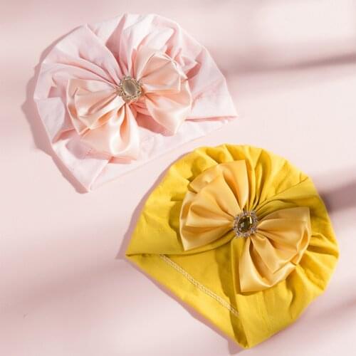 2021 Fashion Newborn Baby Girls Boys Turban Cap 10 Colors Simple Shiny Solid Color Big Bowknot Beanie Hat