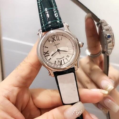 36mm Brand Genuine Leather Watch happysport 7 crystal moving date Wrist Watch Quartz Wristwatch Clock Women Happy Stone Watches