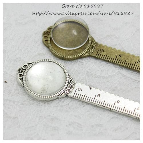 5 sets Antique Bronze Alloy Cameo Round ruler Bookmarks 23*132mm Fit 20mm Round Cabochon Settings +Clear Glass Cabochons 13B1607