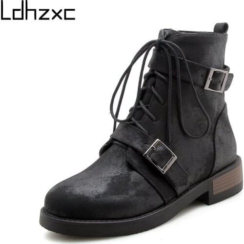 LDHZXC Punk Women Ankle Boots Pu Leather Side Zipper Shoes Woman Med Heels Fashion Winter Motorcycle Boots Shoes