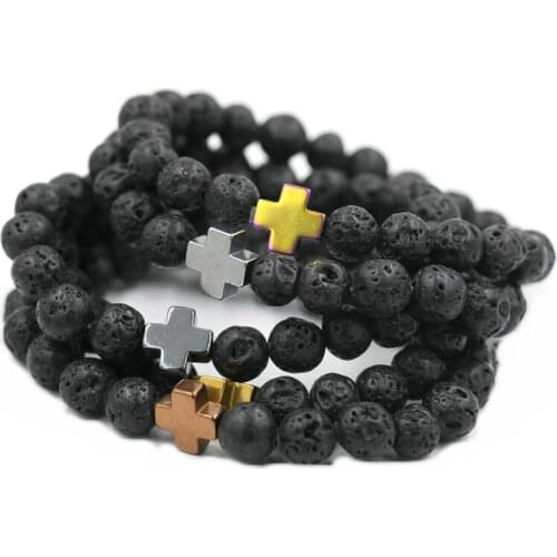 Cross For Men Women Strand Bracelet Lava Matte Stone Beads Couple Yoga Jewelry