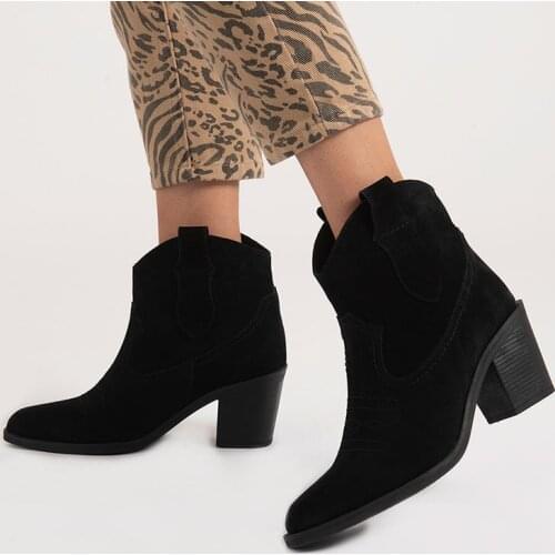 Callizio Women Genuine Leather Ankle High Boots Block Medium Heels Round Toe Cowboy New Season Western Heeled Ankle Boot Booties Female Casual High Quality Winter Warm Sexy Cowboy Cowgirl Shoes for Woman 2021 Footwear