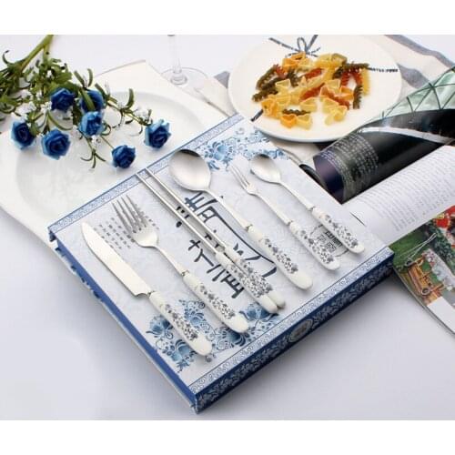Business gift tableware set stainless steel tableware 4-piece gift blue and white porcelain tableware set 6-Piece gift