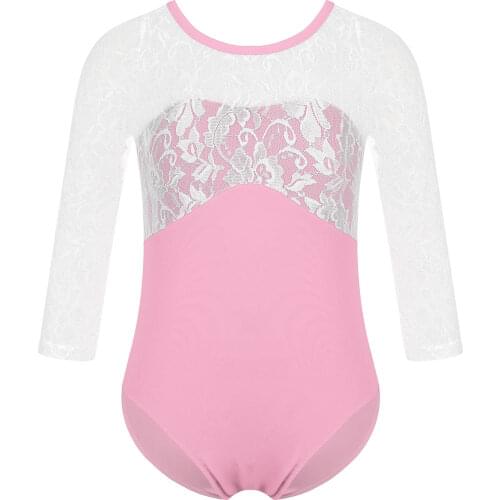 Kids Lace Mesh Ballet Leotards Girls Jumpsuit mid-sleeve Ballet Practice dancing Leotard Gymnastics Leotards Costumes Dance wear