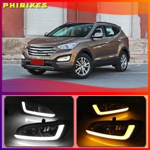 2Pcs LED Daytime Running Lights DRL 12V Fog lamp with turn yellow signal For Hyundai Santa Fe IX45 2013 2014 2015