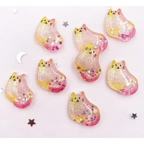 Resin Kawaii Glitter Colorful Pink Cat Flatback Rhinestone 12PCS Scrapbook DIY Decor Home Figurine Crafts OG851