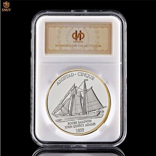 1839 Roger Baldwin John Quincy Adams USA Civil Warship Amistad Cinque Gold Plated Metal Challenge Commemorative Coin W/PCCB Case