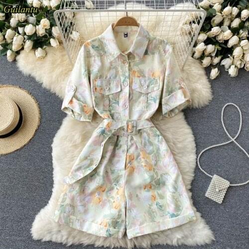 Summer Wide Leg Shirt Playsuits Women Fashion Print Floral Pockets Short Overalls Female Elegant Sexy Bandage Office Romper