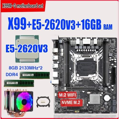 X99 motherboard set with Xeon E5 2620 V3 LGA2011-3 CPU 2pcs X 8GB =16GB 2133MHz DDR4 memory NVME M.2 slot Six copper tube cooler