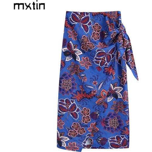 MXTIN 2021 Women Summer Fashion Floral Print Button Midi Skirt Vintage Bow Tie Split Office Ladies Casual Faldas Vestidos Mujer
