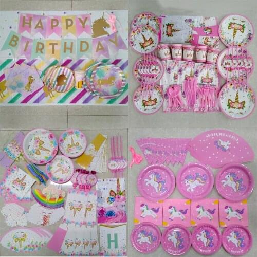 WEIGAO 4-20 Kids Birthday Disposable Tableware Set Unicorn Tablecloth For Unicornio Party Baby Shower Decoration Paper Cup Plate