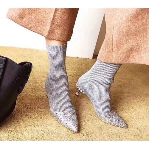 Cheap Hot Women High Heel Sock Boots Bling Glitter Point Toe Ladies Slip On Ankle Boots Crystal Med Heel Spring Fashion Boots