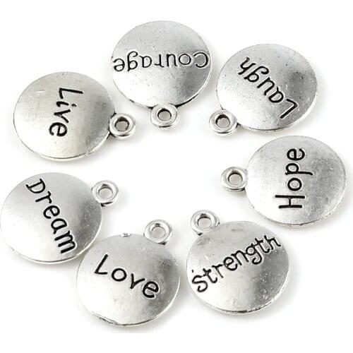 50 PCs Positive Quotes Energy Charms Pendant For Jewelry Making Round Antique Silver Color Message "Love" Pendant Gift 17 x 14mm