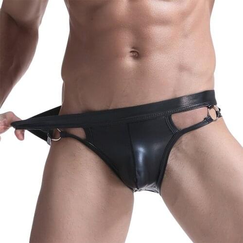 PU Gay Men Underwear Black Elastic 1PC Thongs And G Strings Leather Jockstrap Underwear G-Strings Thongs Sexy Party Adjustable