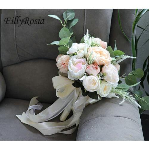 EillyRosia Wedding Bouquet for Bride Herbaceous Peony Eucalyptus Champagne Pink Bridal Bouquet de Mariage Novia Accesorios