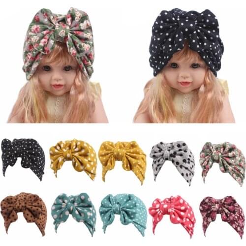 Baby Girls Knitted Polka Dot Floral Print Turban Hat Bowknot Beanie Cap Elastic C5AF