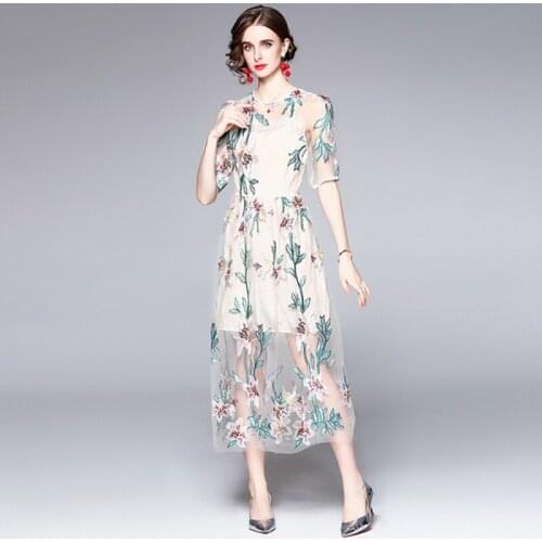 Embroidery Mesh Party Dresses Runway Bohemian Flower Elegant Vintage Short Sleeve Casual Midi Dresses For Women Vestidos