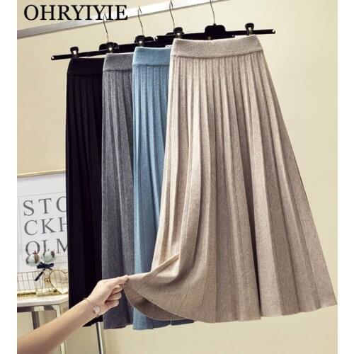 OHRYIYIE Thick Warm Knitted Skirt Women 2021 New Autumn Winter Casual Wool Pleated Skirt Office Lady All Match Midi Long Skirts