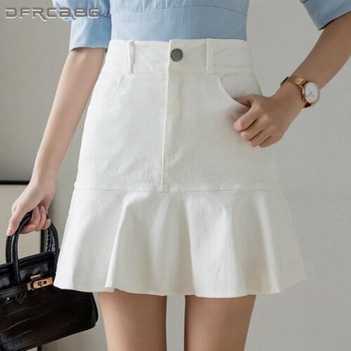 Summer White Denim Ruffle Skirts Woman 2021 Korean Style Streetwear High Waist Vintage Mini Jean Trumpet Skirts Female