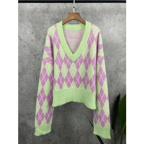 New Ladies Fashion 2021 Long Sleeve Sexy Casual Diamond Check V-neck Knit Top 1118