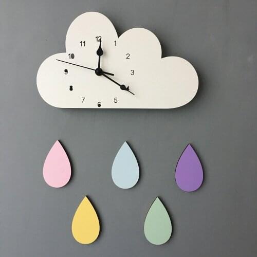 28*16CM Nordic Wooden Cloud Raindrop Shaped Wall Clock Kids Room Decor Baby Gender Neutral Wall Clock Nursery Baby Gift