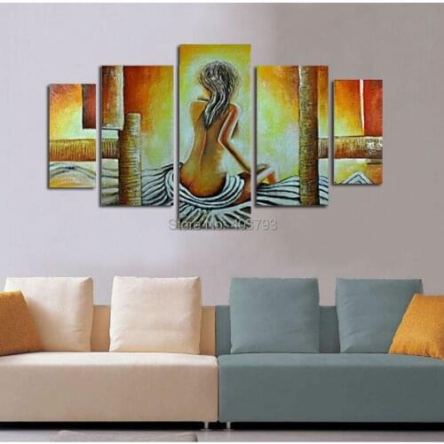 5 Panels No Stretched Hand-painted Oil Painting On Canvas Wall Art Abstract Nude Girls Back Green Decorative Pictures Painting