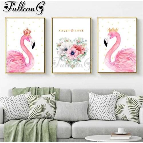 FULLCANG diy diamond embroidery Flamingo flower animals 5d diamond painting triptych full square round drill home decor FC2407